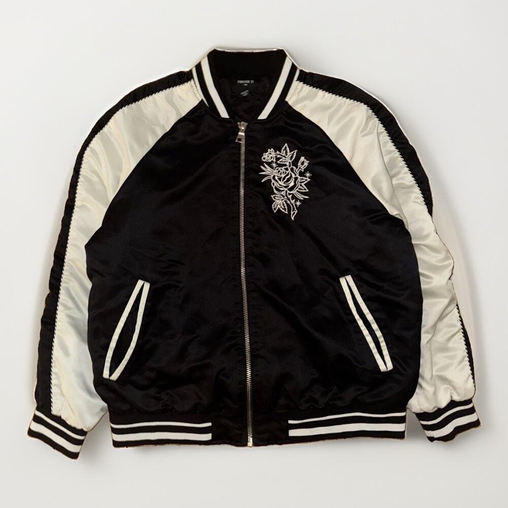 Forever 21 Men Satin Bomber Jacket Buena Suerte Rose Embroidered Black White L